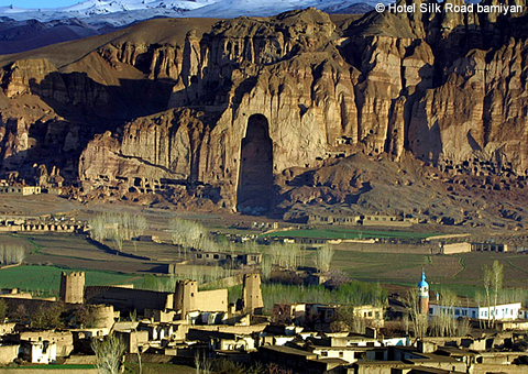 West Giant Buddha and Bamiyan Valley in early winter morning.